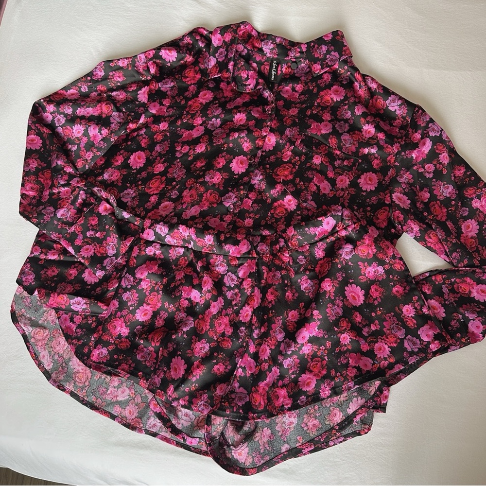 For Love & Lemons Lola Satin Sleep Shirt and Shorts Floral Pajama Set